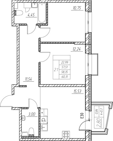 . Вариант № 2234159, 0, площадь - 57.51 квм, цена 25139260 рублей