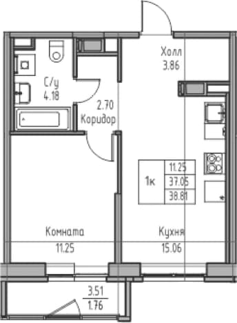 . Вариант № 1864989, 0, площадь - 37.05 квм, цена 8619526 рублей