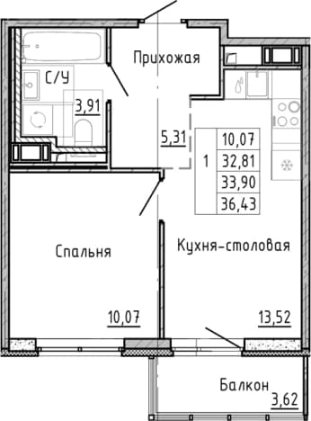 . Вариант № 1878399, 0, площадь - 30.28 квм, цена 9627600 рублей