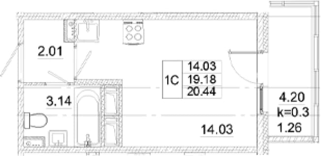 . Вариант № 2242852, 0, площадь - 19.18 квм, цена 5518800 рублей