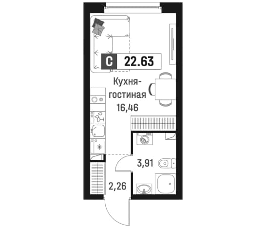 . Вариант № 1835032, 0, площадь - 22.63 квм, цена 4937241 рублей