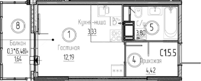 . Вариант № 2009372, 0, площадь - 23.74 квм, цена 4314092 рублей