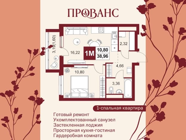 . Вариант № 1912787, 0, площадь - 38.96 квм, цена 5146616 рублей