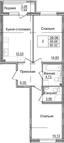 . Вариант № 1826602, 0, площадь - 58.68 квм, цена 10103600 рублей