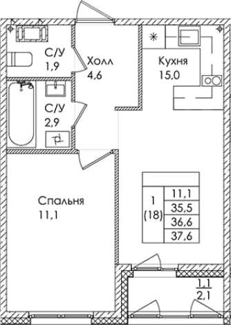 . Вариант № 1819732, 0, площадь - 36.4 квм, цена 6221588 рублей