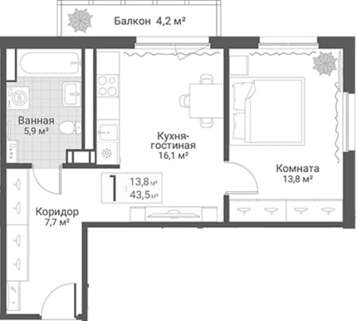 . Вариант № 2022816, 0, площадь - 43.5 квм, цена 14550000 рублей