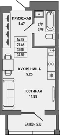 . Вариант № 2154403, 0, площадь - 29.46 квм, цена 11806600 рублей