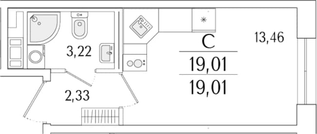 . Вариант № 1819223, 0, площадь - 19.01 квм, цена 9650125 рублей