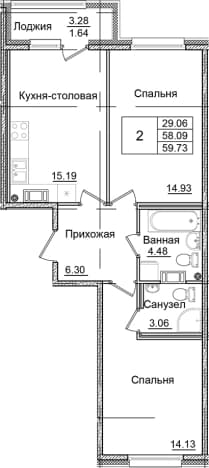 . Вариант № 1826577, 0, площадь - 58.09 квм, цена 11430989 рублей