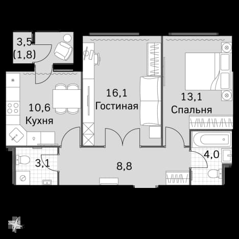 . Вариант № 2339660, 0, площадь - 56.1 квм, цена 29710560 рублей