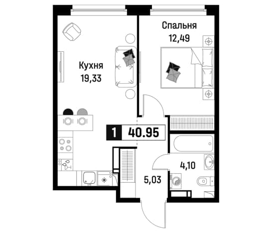. Вариант № 1835051, 0, площадь - 40.95 квм, цена 7933730 рублей