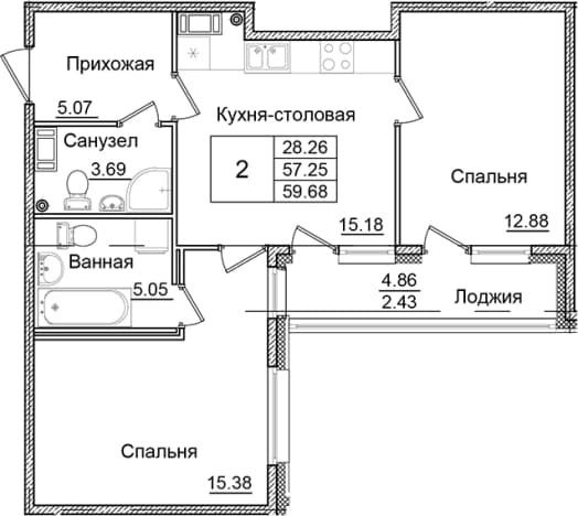 . Вариант № 1826582, 0, площадь - 57.25 квм, цена 11454718 рублей