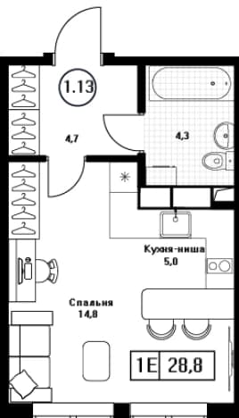 . Вариант № 2313488, 0, площадь - 28.8 квм, цена 8352000 рублей