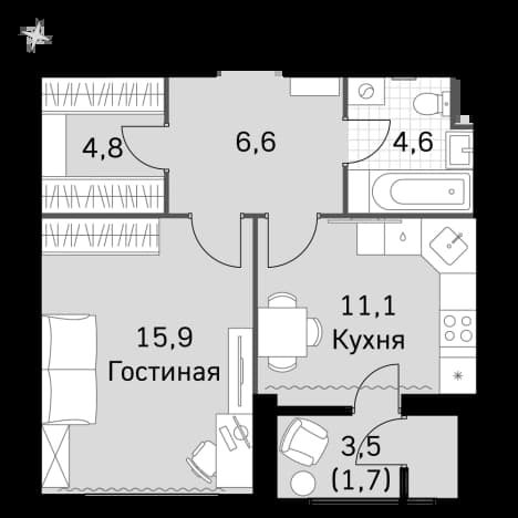 . Вариант № 2339632, 0, площадь - 42.6 квм, цена 24878400 рублей