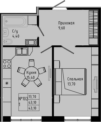 . Вариант № 1890956, 0, площадь - 43.1 квм, цена 6099860 рублей
