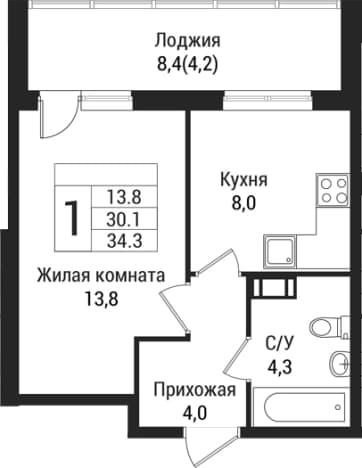 . Вариант № 1864443, 0, площадь - 30.1 квм, цена 4976750 рублей