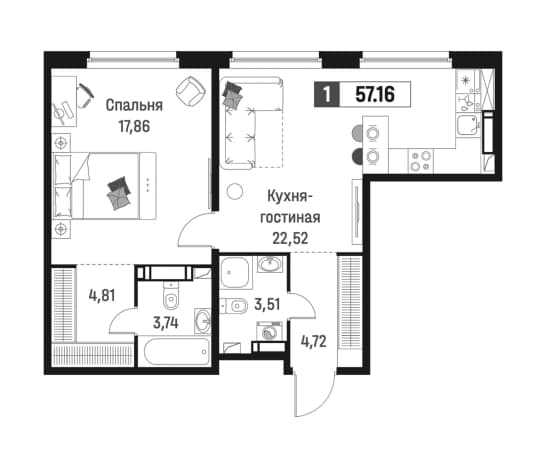 . Вариант № 1835418, 0, площадь - 57.16 квм, цена 11188749 рублей