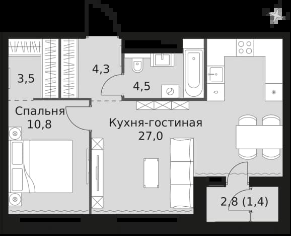 . Вариант № 2381684, 0, площадь - 51.5 квм, цена 27398000 рублей