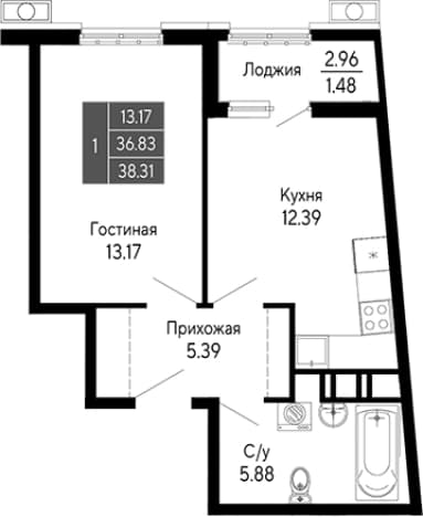 . Вариант № 2111916, 0, площадь - 36.83 квм, цена 9960600 рублей