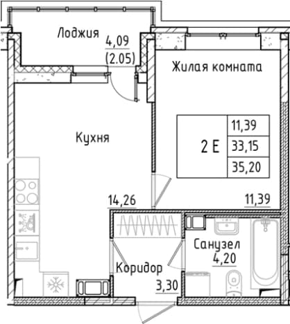 . Вариант № 1814427, 0, площадь - 33.15 квм, цена 7529808 рублей