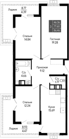 . Вариант № 2111736, 0, площадь - 77.6 квм, цена 15562800 рублей