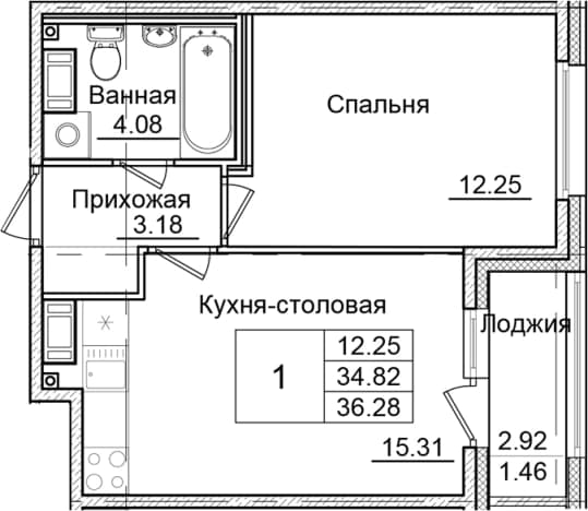 . Вариант № 1826896, 0, площадь - 34.82 квм, цена 7321482 рублей