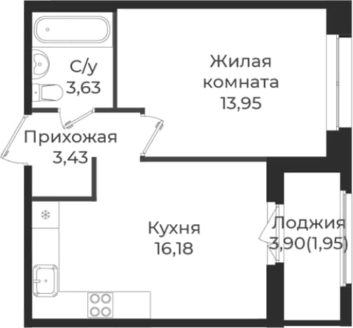 . Вариант № 1838990, 0, площадь - 37.19 квм, цена 6023646 рублей
