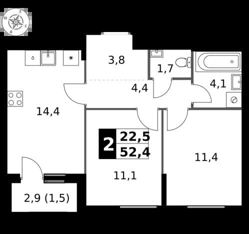 . Вариант № 2227121, 0, площадь - 52.4 квм, цена 21185320 рублей