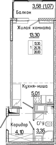 . Вариант № 1814896, 0, площадь - 25.76 квм, цена 4455765 рублей