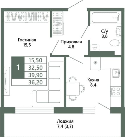 . Вариант № 1722729, 1, площадь - 36.2 квм, цена 5860000 рублей