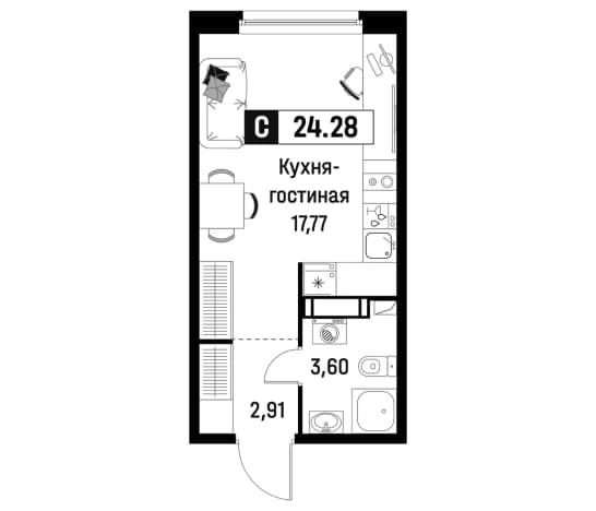 . Вариант № 1835058, 0, площадь - 24.28 квм, цена 4665157 рублей