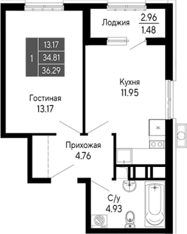 . Вариант № 2111745, 0, площадь - 34.81 квм, цена 9435400 рублей
