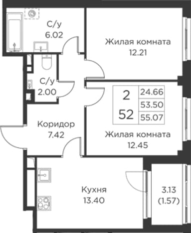 . Вариант № 2393916, 0, площадь - 53.5 квм, цена 15992328 рублей