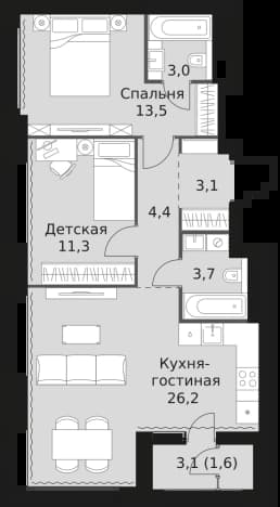 . Вариант № 2256611, 0, площадь - 66.8 квм, цена 31168880 рублей