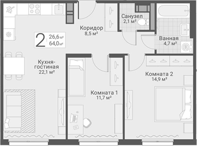 . Вариант № 1855360, 0, площадь - 64 квм, цена 18650000 рублей