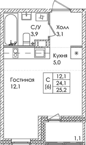 . Вариант № 1822036, 0, площадь - 24.1 квм, цена 4455000 рублей