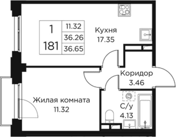 . Вариант № 2393374, 0, площадь - 36.26 квм, цена 10860128 рублей