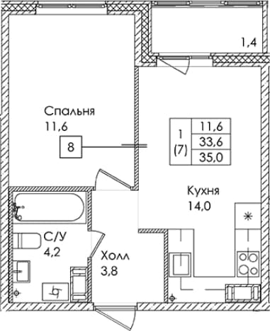 . Вариант № 1822051, 0, площадь - 33.6 квм, цена 5120000 рублей