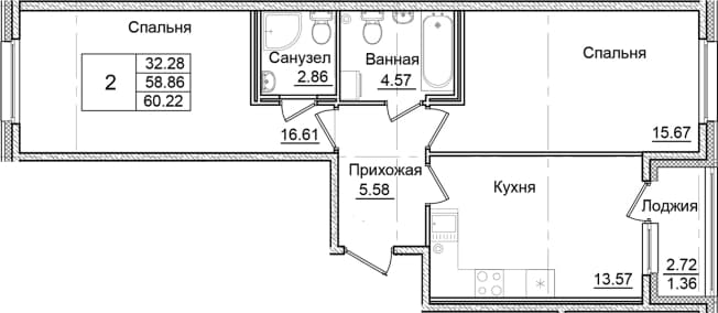 . Вариант № 2007899, 0, площадь - 58.86 квм, цена 10688589 рублей