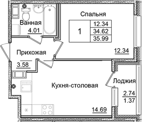 . Вариант № 1826502, 0, площадь - 34.62 квм, цена 6852314 рублей