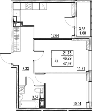 . Вариант № 2320980, 0, площадь - 46.29 квм, цена 9260000 рублей