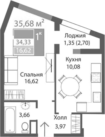 . Вариант № 2214117, 0, площадь - 34.33 квм, цена 6509816 рублей