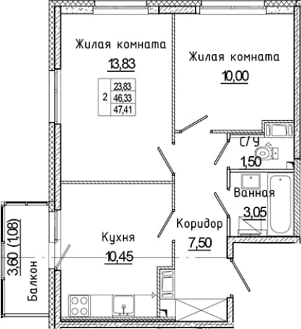 . Вариант № 2340802, 0, площадь - 46.33 квм, цена 11266871 рублей