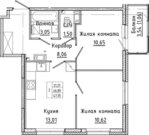 . Вариант № 2251991, 0, площадь - 46.89 квм, цена 10605875 рублей