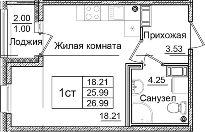 . Вариант № 1826561, 0, площадь - 25.99 квм, цена 5298659 рублей
