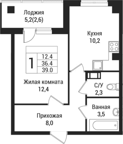 . Вариант № 1864626, 0, площадь - 36.4 квм, цена 5398350 рублей