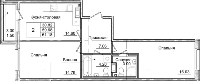 . Вариант № 1826892, 0, площадь - 59.68 квм, цена 11481124 рублей