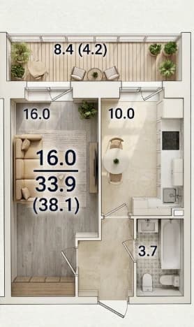. Вариант № 2210692, 0, площадь - 38.1 квм, цена 4300000 рублей