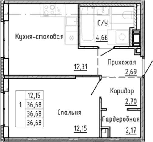 . Вариант № 1878429, 0, площадь - 36.68 квм, цена 9613828 рублей