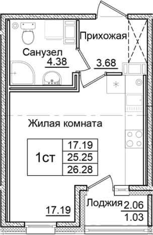 . Вариант № 2261458, 0, площадь - 25.25 квм, цена 5072041 рублей